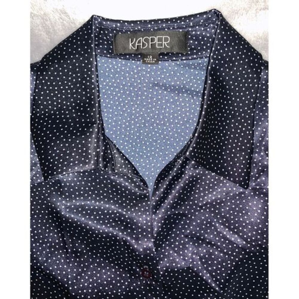 New Kasper Blouse Womens 12‎ Navy Polka Dot Button Up Long Sleeve Soft Collared - Picture 3 of 7